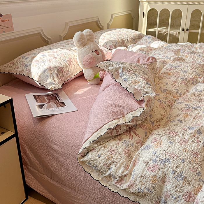 91家纺网 家纺一手货源 找家纺 一比一家纺 2026新款法式花边泡芙纱四件套 柔诗意