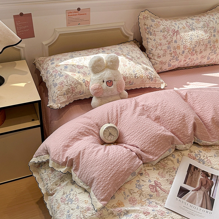 91家纺网 家纺一手货源 找家纺 一比一家纺 2026新款法式花边泡芙纱四件套 柔诗意