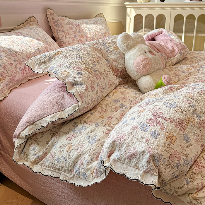 91家纺网 家纺一手货源 找家纺 一比一家纺 2026新款法式花边泡芙纱四件套 柔诗意