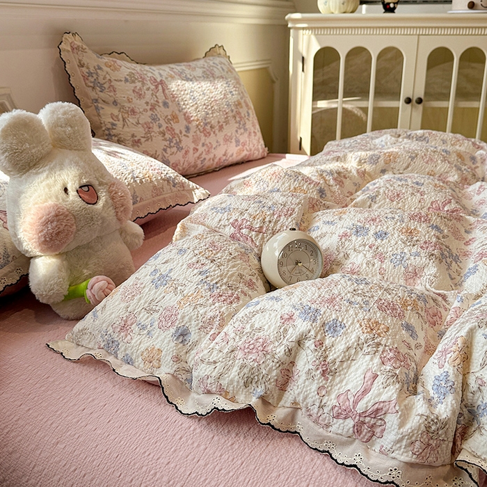 91家纺网 家纺一手货源 找家纺 一比一家纺 2026新款法式花边泡芙纱四件套 柔诗意