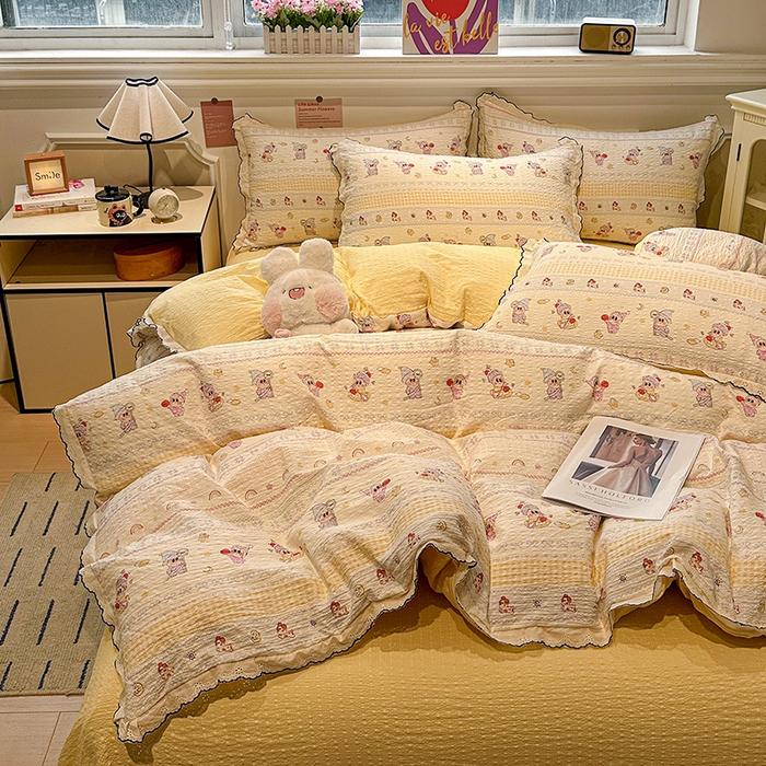 91家纺网 家纺一手货源 找家纺 一比一家纺 2026新款法式花边泡芙纱四件套 甜梦星人