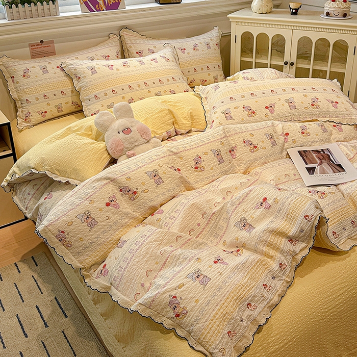 91家纺网 家纺一手货源 找家纺 一比一家纺 2026新款法式花边泡芙纱四件套 甜梦星人