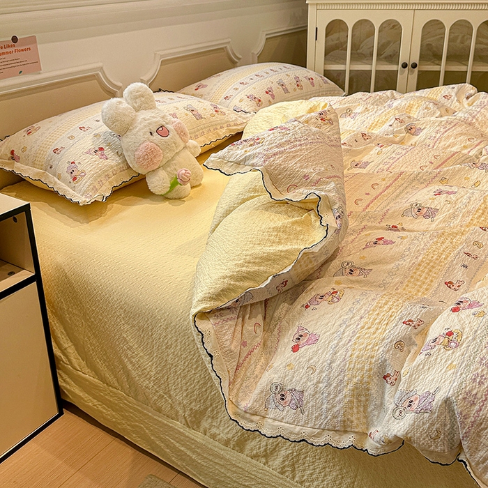 91家纺网 家纺一手货源 找家纺 一比一家纺 2026新款法式花边泡芙纱四件套 甜梦星人