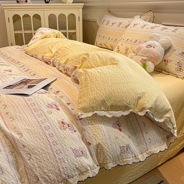 91家纺网 家纺一手货源 找家纺 一比一家纺 2026新款法式花边泡芙纱四件套 甜梦星人