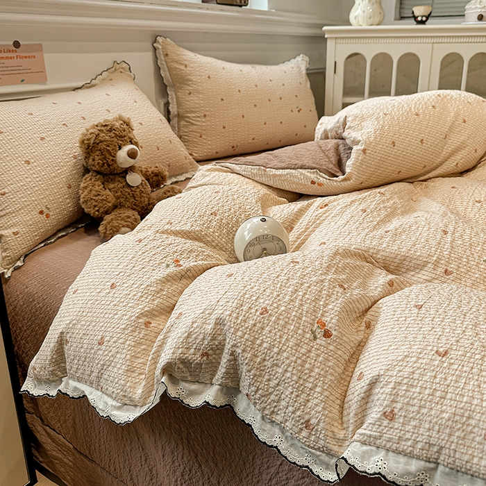 91家纺网 家纺一手货源 找家纺 一比一家纺 2026新款法式花边泡芙纱四件套 甜心咖