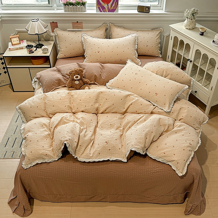 91家纺网 家纺一手货源 找家纺 一比一家纺 2026新款法式花边泡芙纱四件套 甜心咖