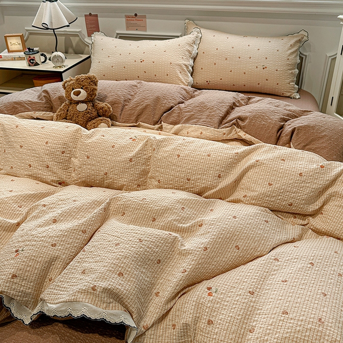 91家纺网 家纺一手货源 找家纺 一比一家纺 2026新款法式花边泡芙纱四件套 甜心咖