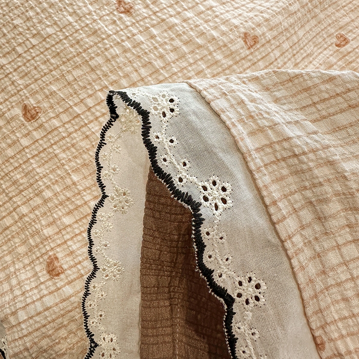 91家纺网 家纺一手货源 找家纺 一比一家纺 2026新款法式花边泡芙纱四件套 甜心咖