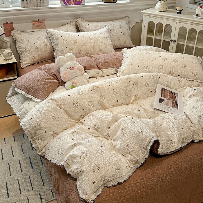 91家纺网 家纺一手货源 找家纺 一比一家纺 2026新款法式花边泡芙纱四件套 甜心喵