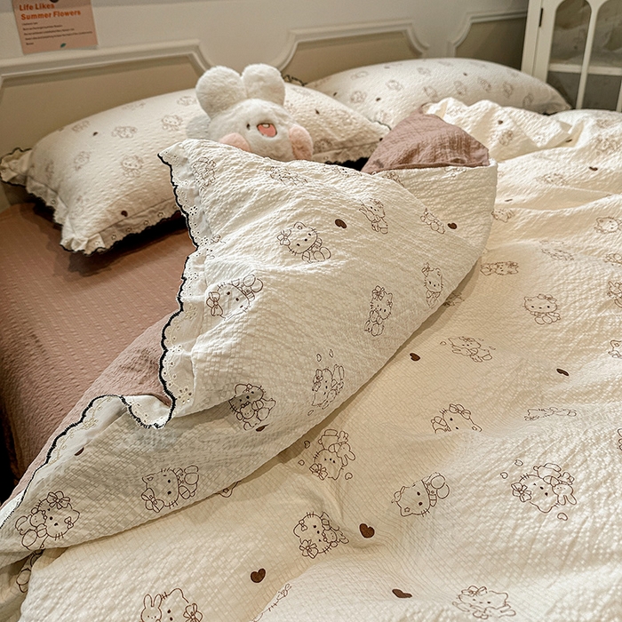 91家纺网 家纺一手货源 找家纺 一比一家纺 2026新款法式花边泡芙纱四件套 甜心喵