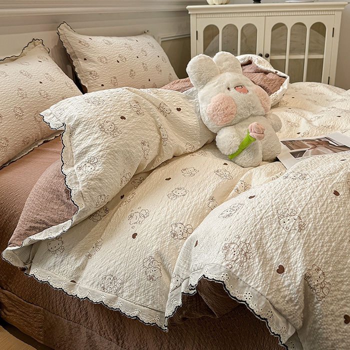 91家纺网 家纺一手货源 找家纺 一比一家纺 2026新款法式花边泡芙纱四件套 甜心喵