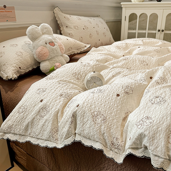 91家纺网 家纺一手货源 找家纺 一比一家纺 2026新款法式花边泡芙纱四件套 甜心喵