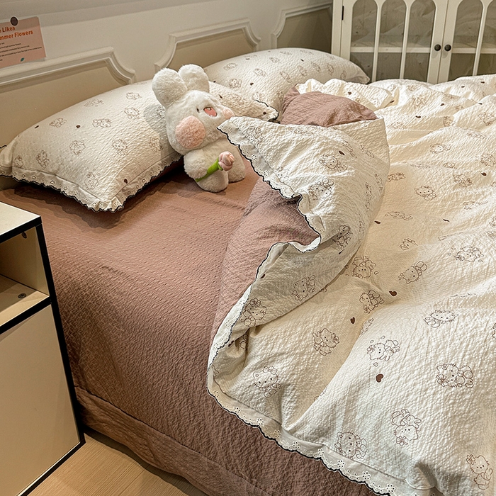 91家纺网 家纺一手货源 找家纺 一比一家纺 2026新款法式花边泡芙纱四件套 甜心喵