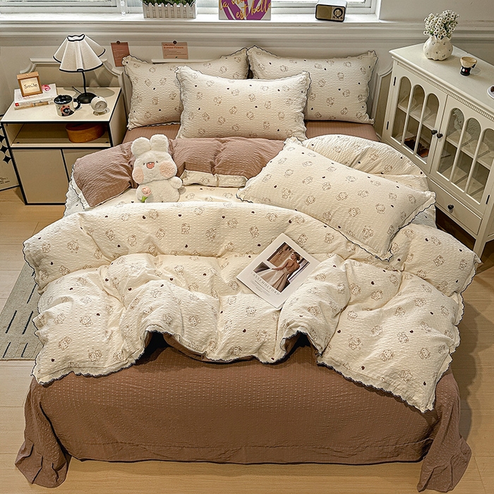 91家纺网 家纺一手货源 找家纺 一比一家纺 2026新款法式花边泡芙纱四件套 甜心喵