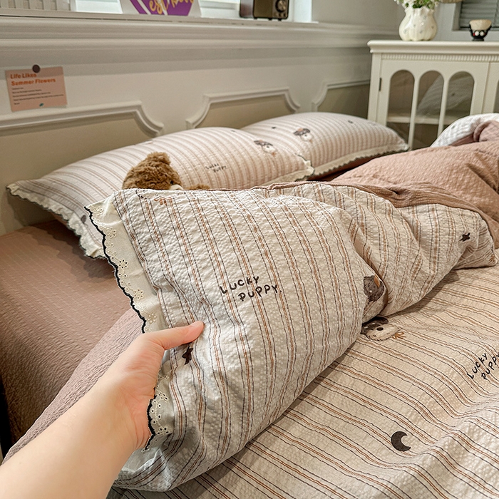 91家纺网 家纺一手货源 找家纺 一比一家纺 2026新款法式花边泡芙纱四件套 晚安汪