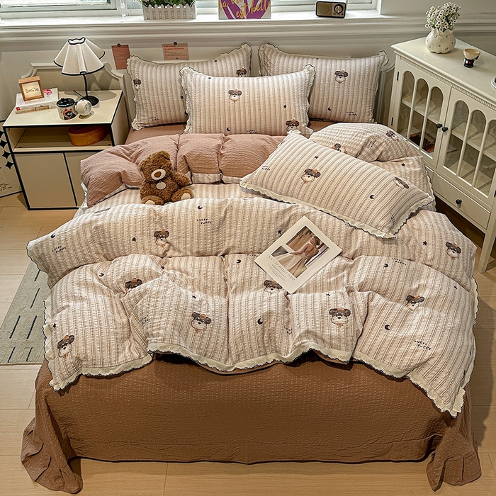 91家纺网 家纺一手货源 找家纺 一比一家纺 2026新款法式花边泡芙纱四件套 晚安汪