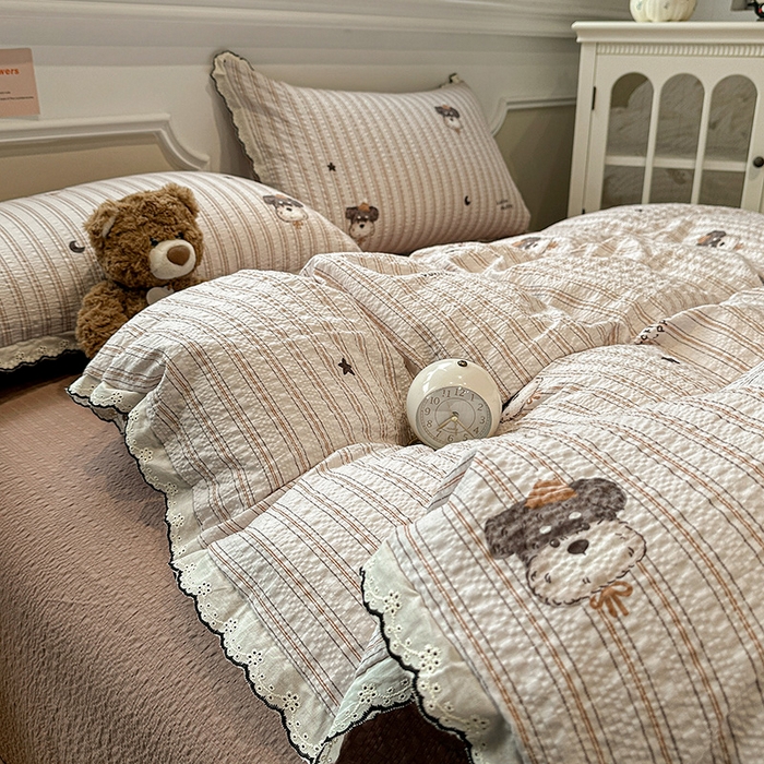 91家纺网 家纺一手货源 找家纺 一比一家纺 2026新款法式花边泡芙纱四件套 晚安汪