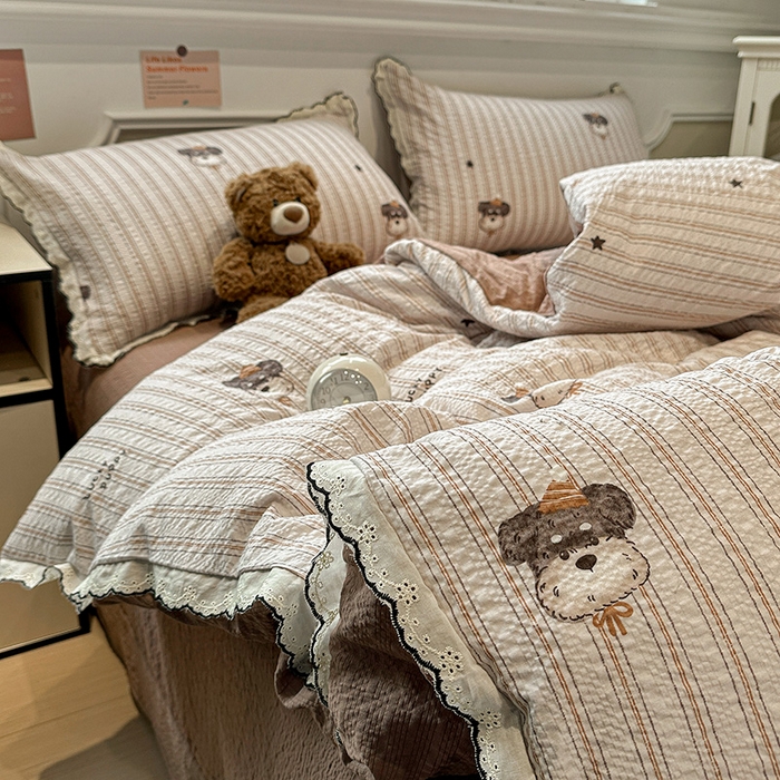 91家纺网 家纺一手货源 找家纺 一比一家纺 2026新款法式花边泡芙纱四件套 晚安汪