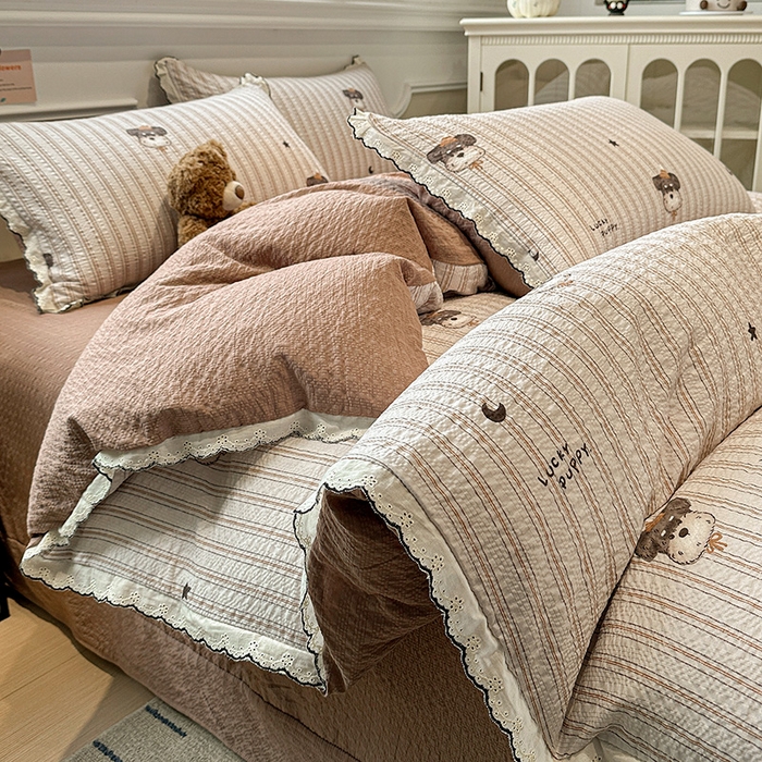 91家纺网 家纺一手货源 找家纺 一比一家纺 2026新款法式花边泡芙纱四件套 晚安汪