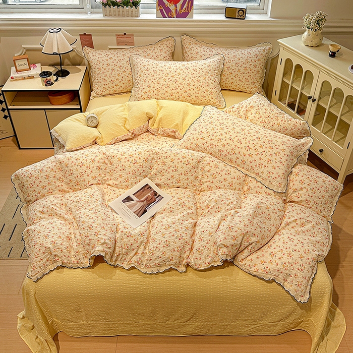 91家纺网 家纺一手货源 找家纺 一比一家纺 2026新款法式花边泡芙纱四件套 相思