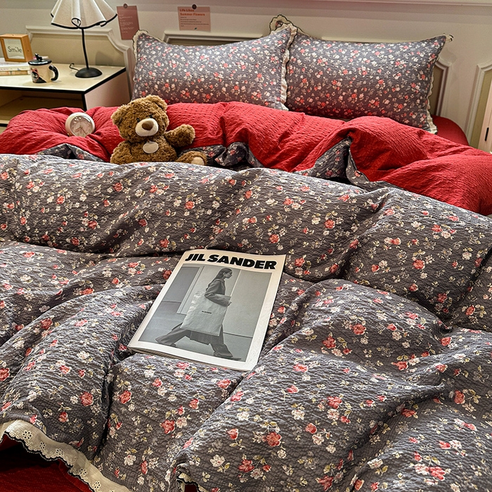 91家纺网 家纺一手货源 找家纺 一比一家纺 2026新款法式花边泡芙纱四件套 胭脂花