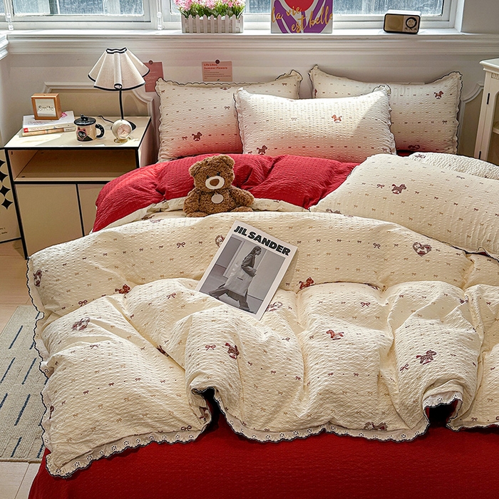 91家纺网 家纺一手货源 找家纺 一比一家纺 2026新款法式花边泡芙纱四件套 摇摇木马