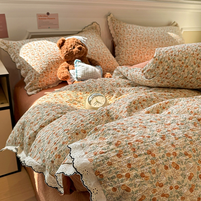 91家纺网 家纺一手货源 找家纺 一比一家纺 2026新款法式花边泡芙纱四件套 樱桃季