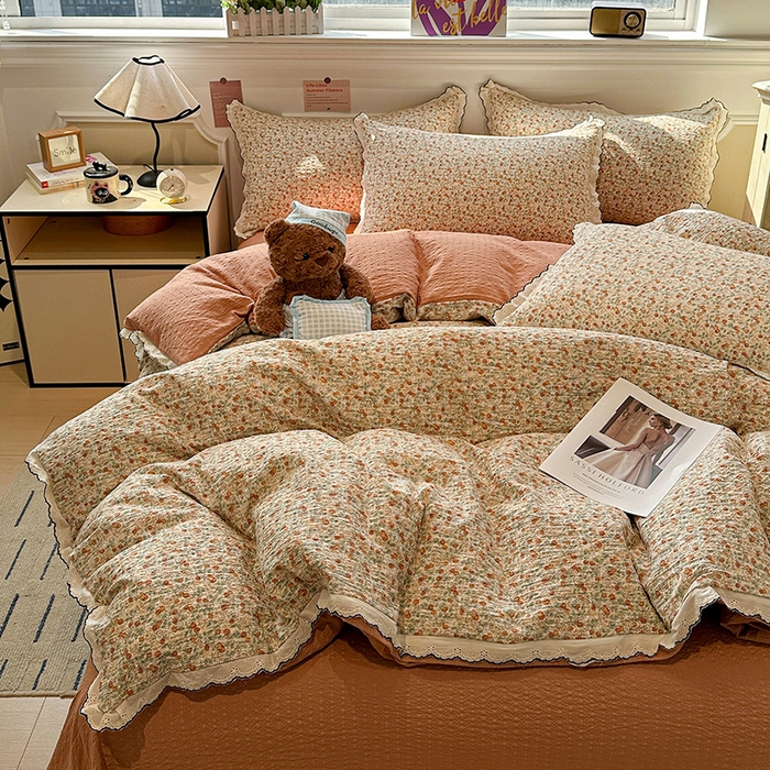 91家纺网 家纺一手货源 找家纺 一比一家纺 2026新款法式花边泡芙纱四件套 樱桃季