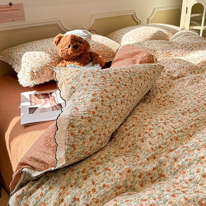 91家纺网 家纺一手货源 找家纺 一比一家纺 2026新款法式花边泡芙纱四件套 樱桃季