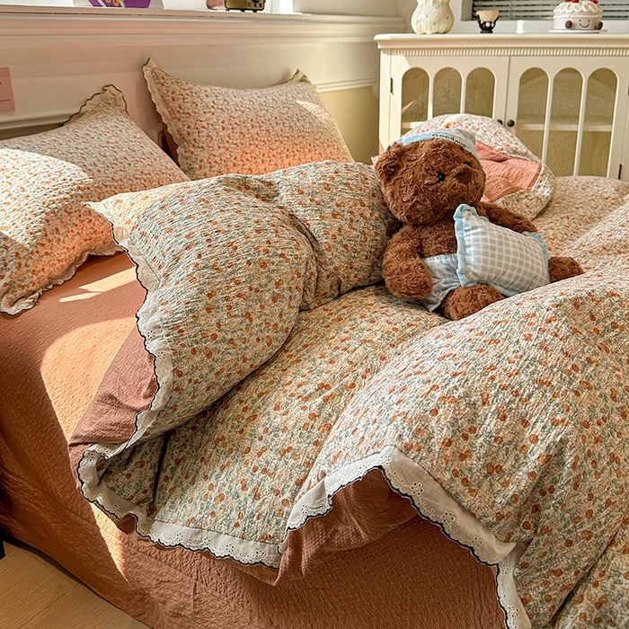 91家纺网 家纺一手货源 找家纺 一比一家纺 2026新款法式花边泡芙纱四件套 樱桃季