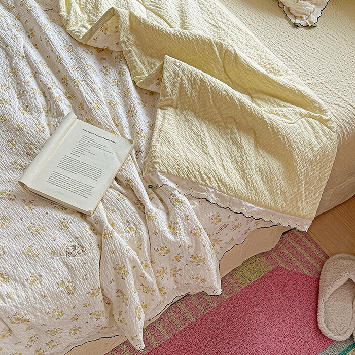 91家纺网 家纺一手货源 找家纺 一比一家纺 2026新款法式花边泡芙纱夏被四件套 春日小兔