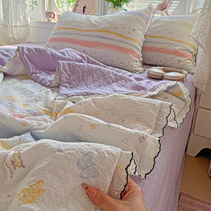 91家纺网 家纺一手货源 找家纺 一比一家纺 2026新款法式花边泡芙纱夏被四件套 蝴蝶谷