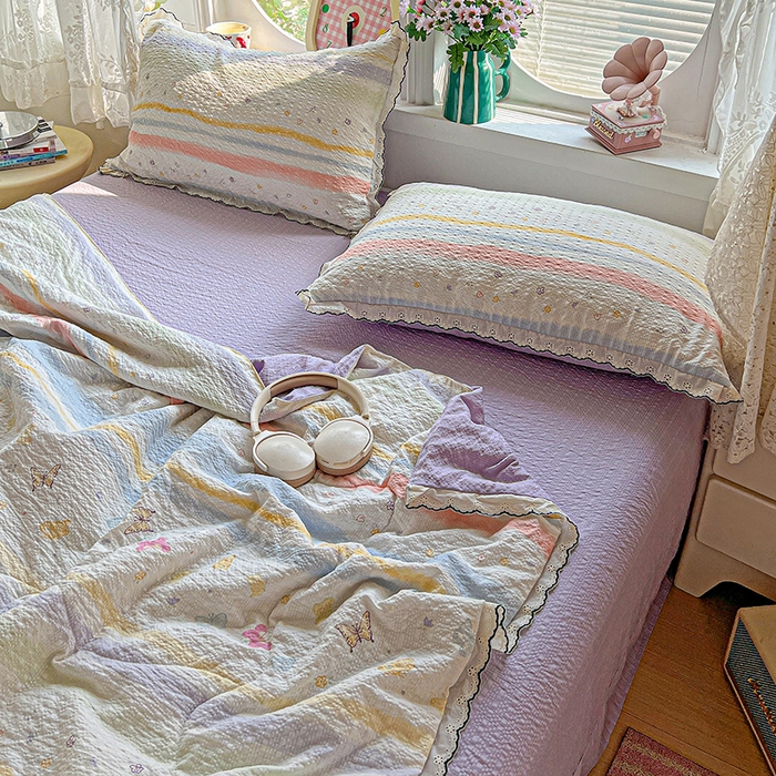 91家纺网 家纺一手货源 找家纺 一比一家纺 2026新款法式花边泡芙纱夏被四件套 蝴蝶谷