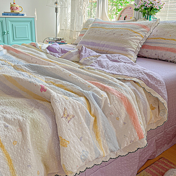 91家纺网 家纺一手货源 找家纺 一比一家纺 2026新款法式花边泡芙纱夏被四件套 蝴蝶谷