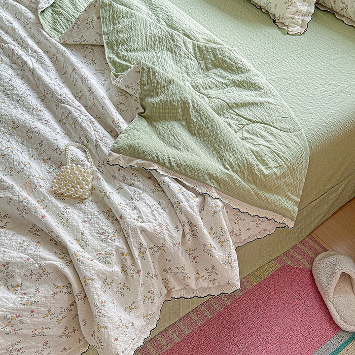 91家纺网 家纺一手货源 找家纺 一比一家纺 2026新款法式花边泡芙纱夏被四件套 花枝兔