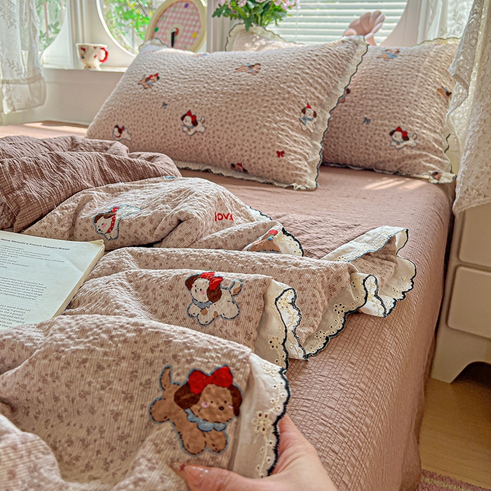 91家纺网 家纺一手货源 找家纺 一比一家纺 2026新款法式花边泡芙纱夏被四件套 欢乐时光