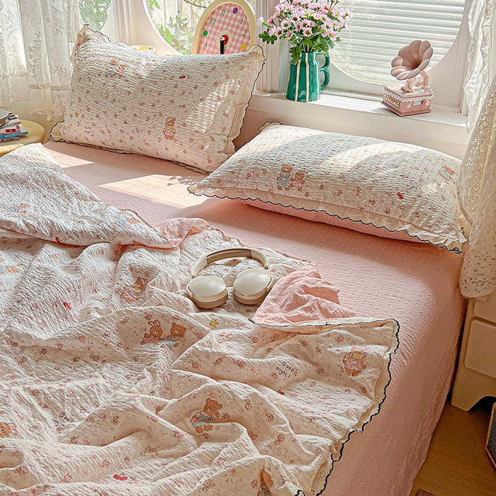 91家纺网 家纺一手货源 找家纺 一比一家纺 2026新款法式花边泡芙纱夏被四件套 浪漫满屋