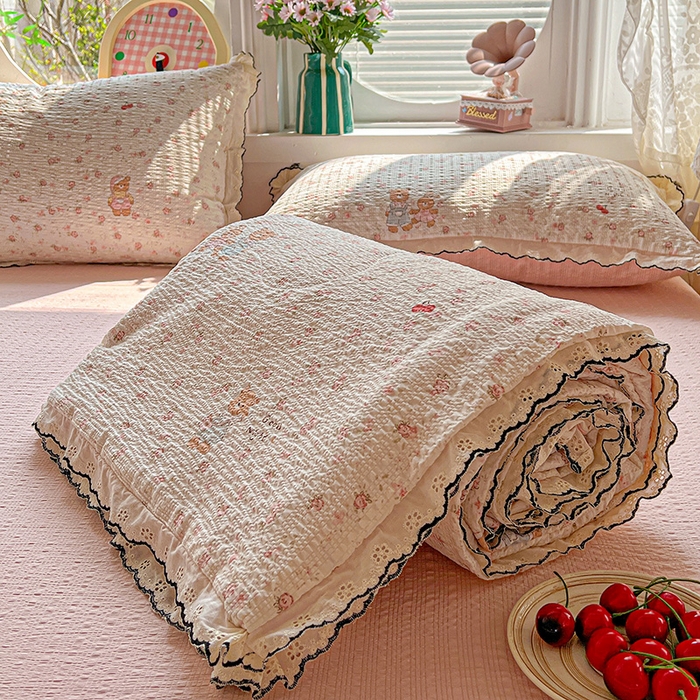 91家纺网 家纺一手货源 找家纺 一比一家纺 2026新款法式花边泡芙纱夏被四件套 浪漫满屋