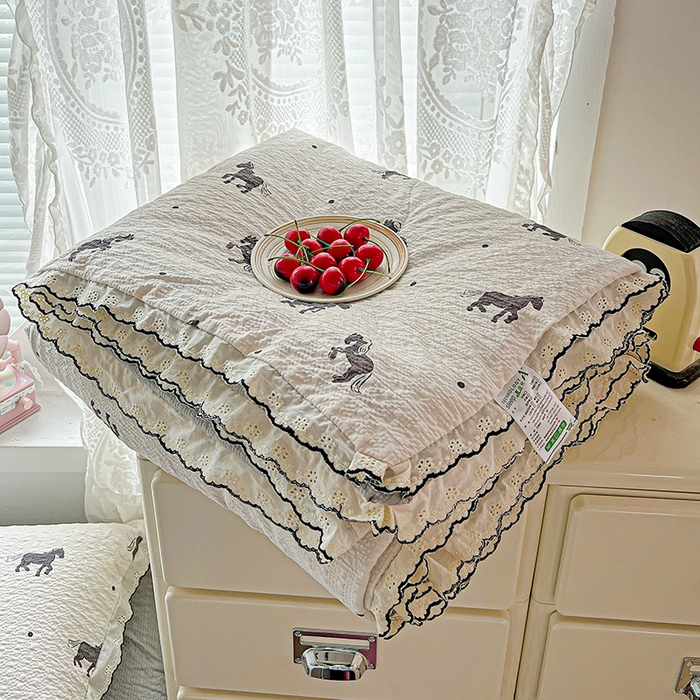 91家纺网 家纺一手货源 找家纺 一比一家纺 2026新款法式花边泡芙纱夏被四件套 马到成功