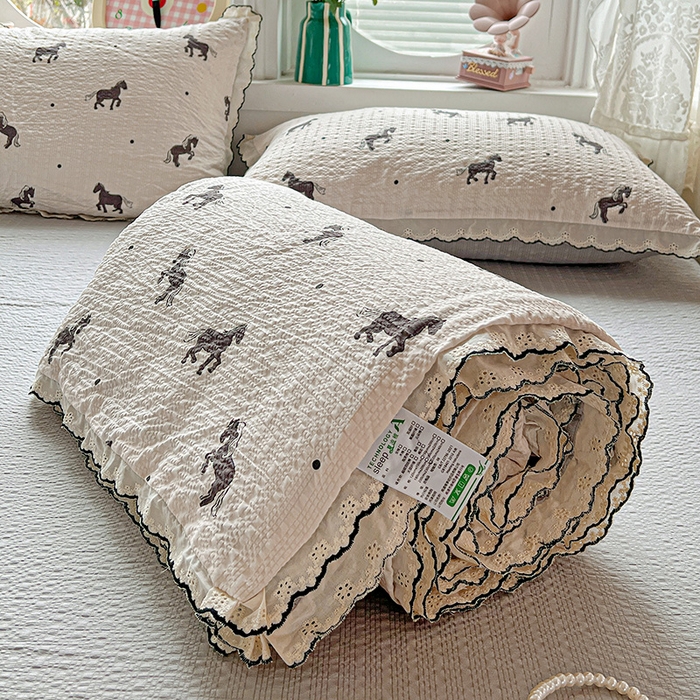 91家纺网 家纺一手货源 找家纺 一比一家纺 2026新款法式花边泡芙纱夏被四件套 马到成功