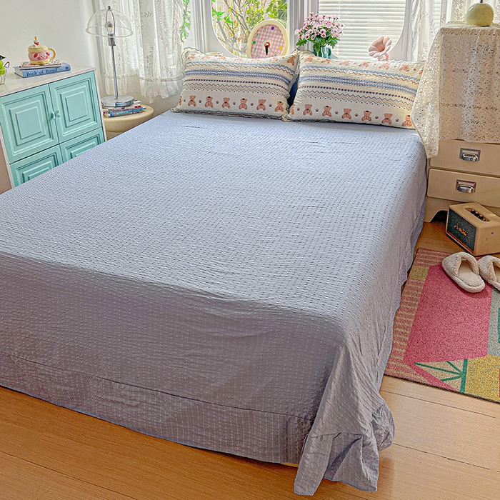 91家纺网 家纺一手货源 找家纺 一比一家纺 2026新款法式花边泡芙纱夏被四件套 萌趣熊