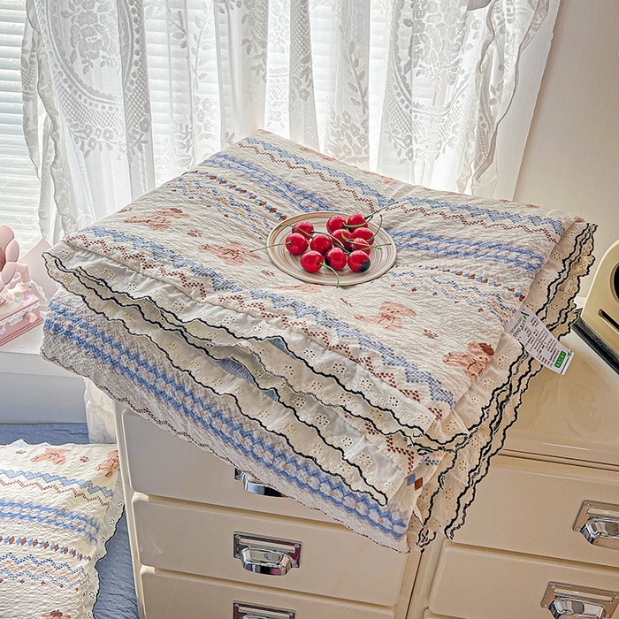 91家纺网 家纺一手货源 找家纺 一比一家纺 2026新款法式花边泡芙纱夏被四件套 萌趣熊