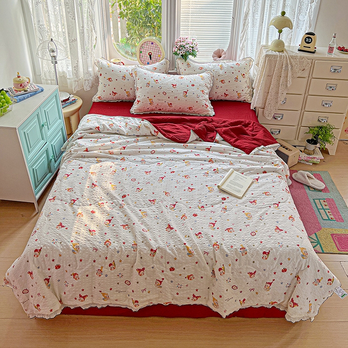 91家纺网 家纺一手货源 找家纺 一比一家纺 2026新款法式花边泡芙纱夏被四件套 梦宝贝 - 红