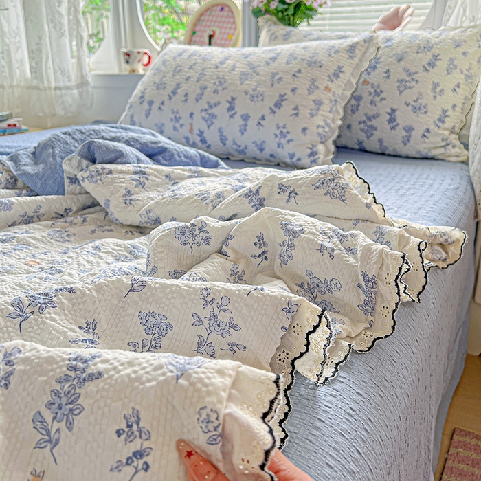 91家纺网 家纺一手货源 找家纺 一比一家纺 2026新款法式花边泡芙纱夏被四件套 青禾