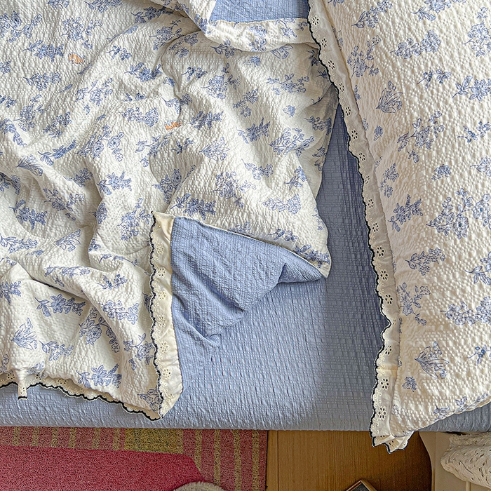 91家纺网 家纺一手货源 找家纺 一比一家纺 2026新款法式花边泡芙纱夏被四件套 青禾