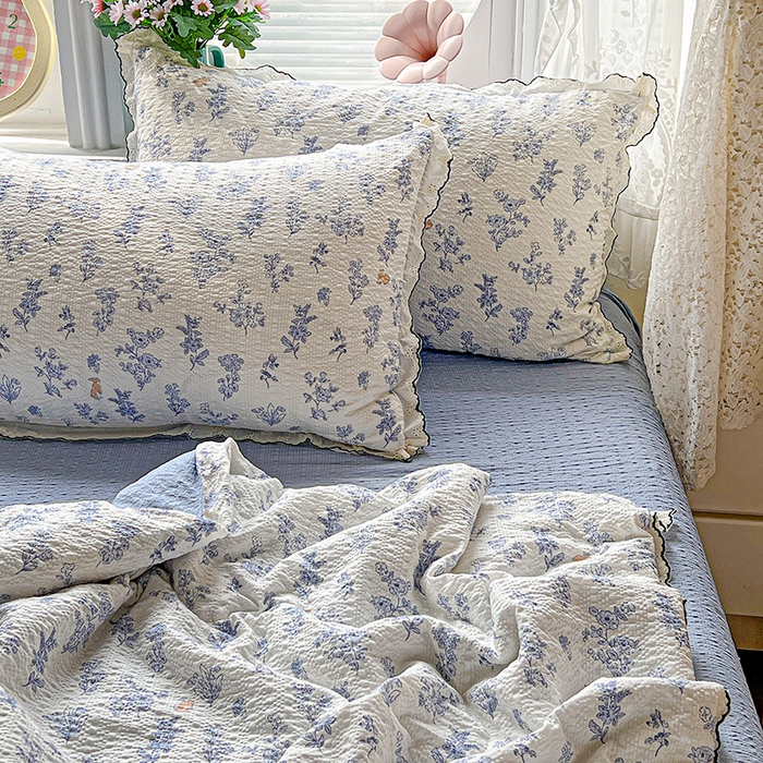 91家纺网 家纺一手货源 找家纺 一比一家纺 2026新款法式花边泡芙纱夏被四件套 青禾