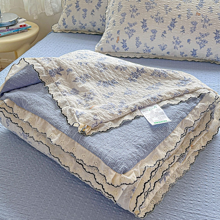 91家纺网 家纺一手货源 找家纺 一比一家纺 2026新款法式花边泡芙纱夏被四件套 青禾