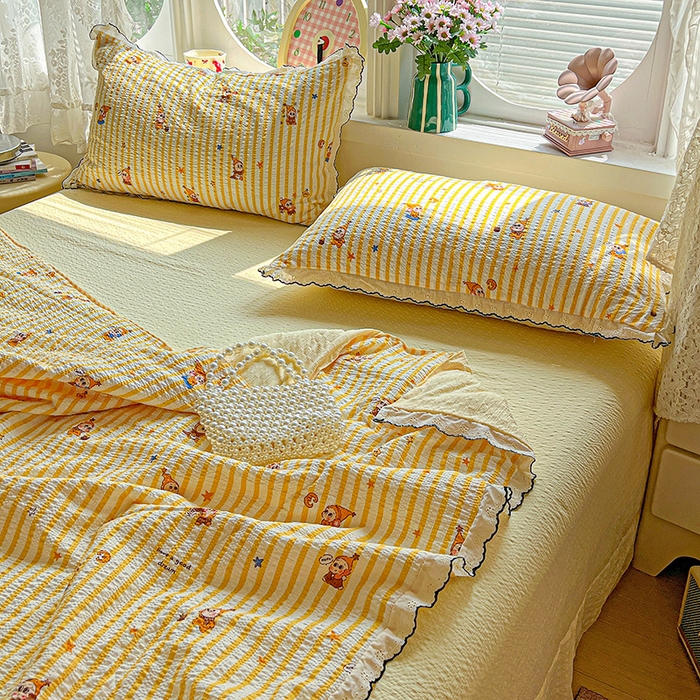 91家纺网 家纺一手货源 找家纺 一比一家纺 2026新款法式花边泡芙纱夏被四件套 晚安星人