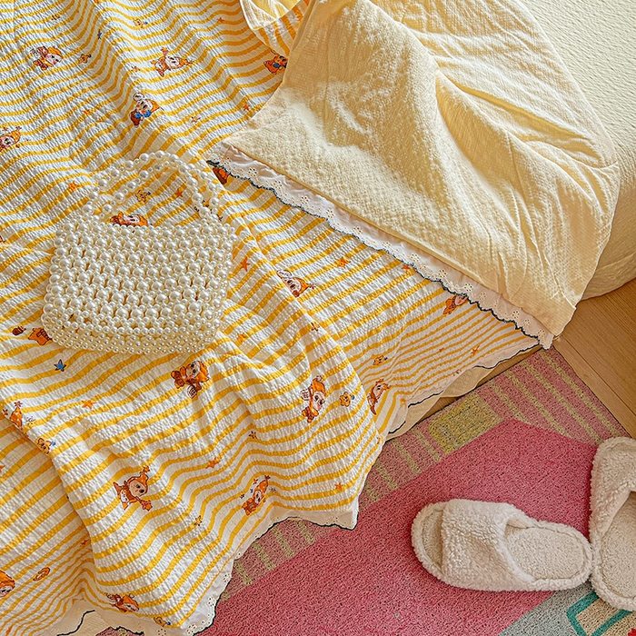 91家纺网 家纺一手货源 找家纺 一比一家纺 2026新款法式花边泡芙纱夏被四件套 晚安星人