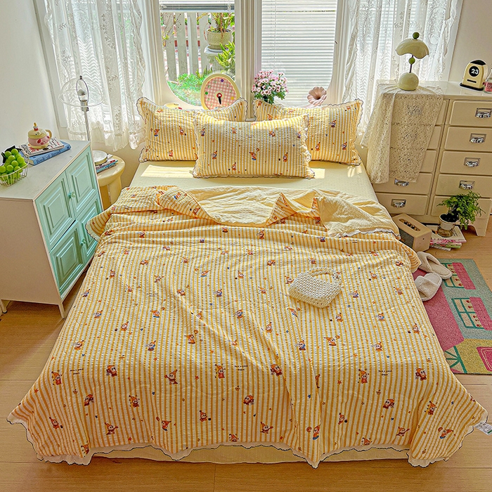 91家纺网 家纺一手货源 找家纺 一比一家纺 2026新款法式花边泡芙纱夏被四件套 晚安星人